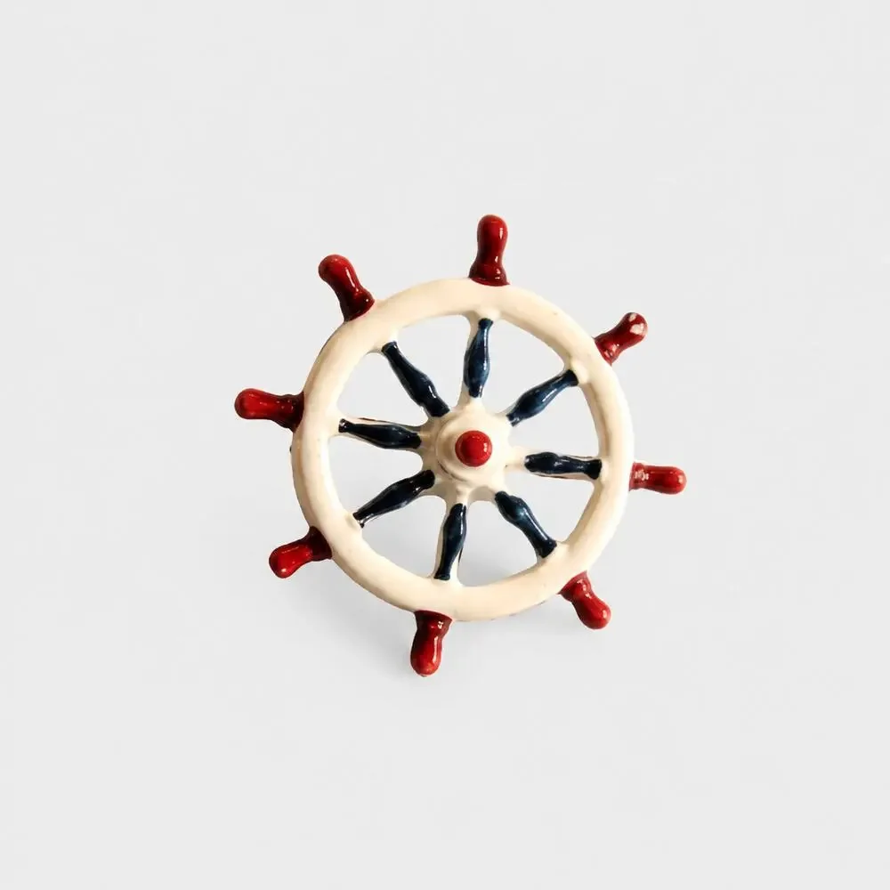 Small Vintage Nautical Pin Red‎ White Blue Enamel Ships Wheel Brooch sob-